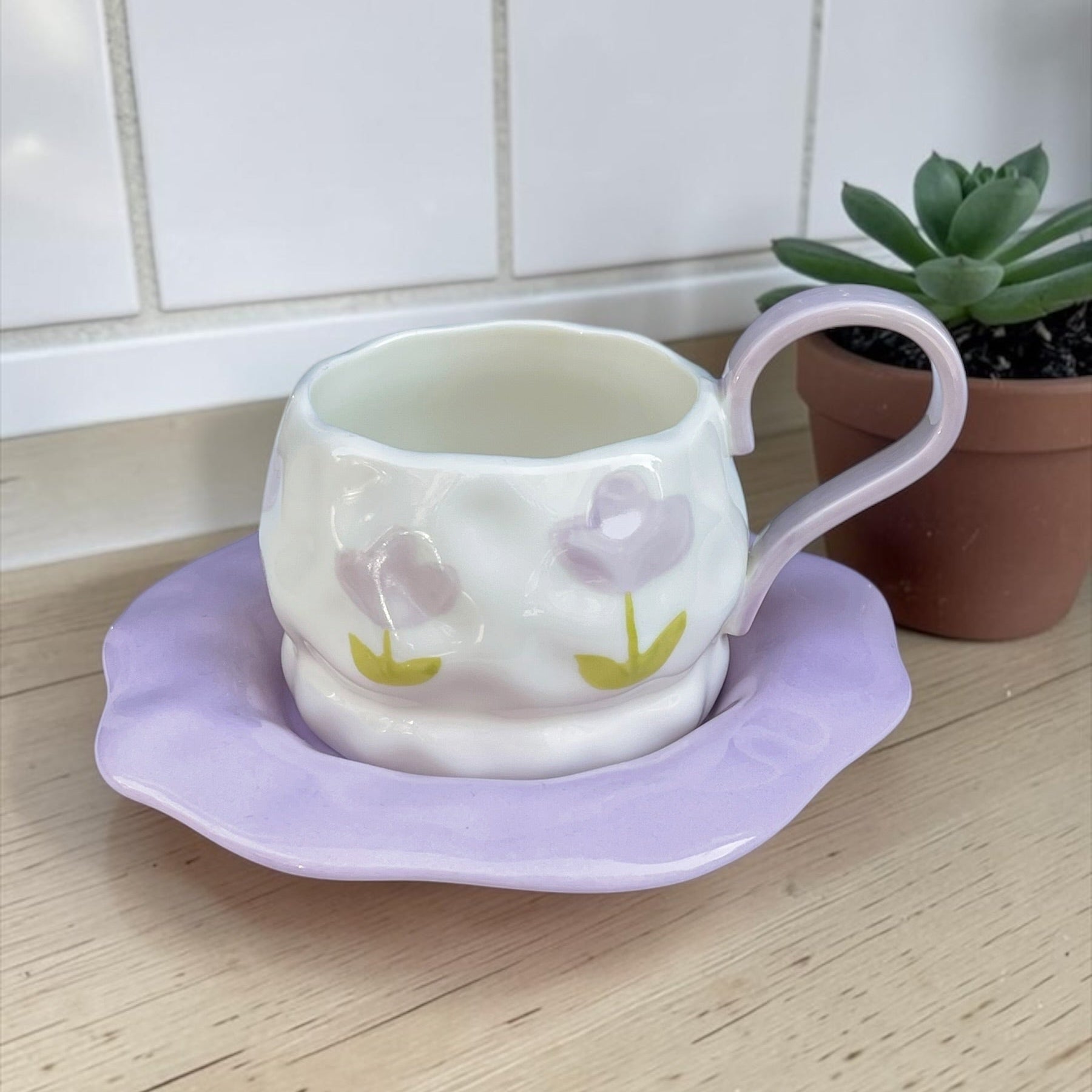 Floral mug with ceramic plate