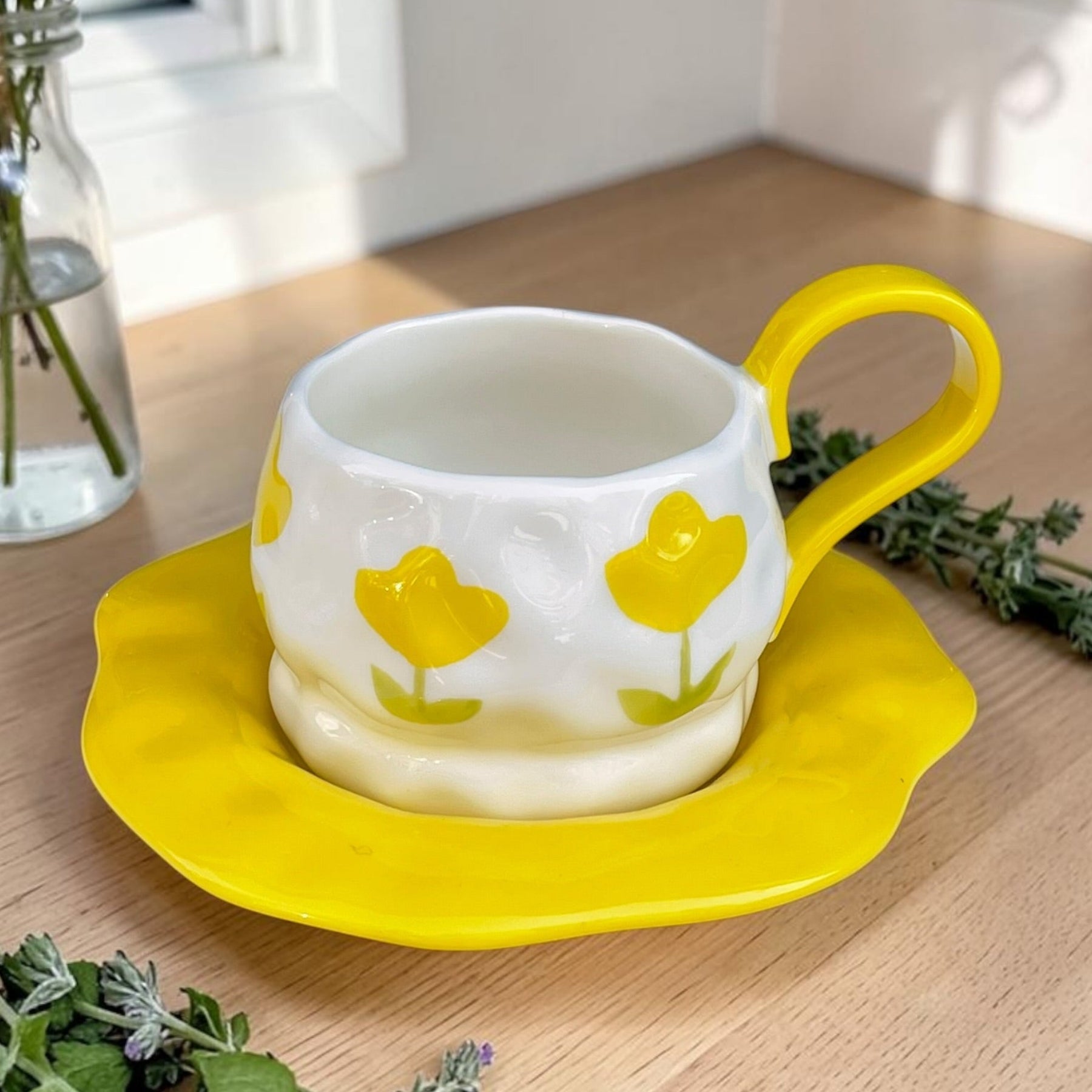 Floral mug with ceramic plate