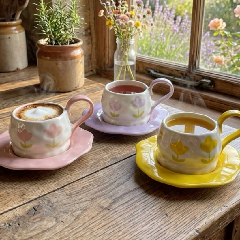 Floral mug with ceramic plate