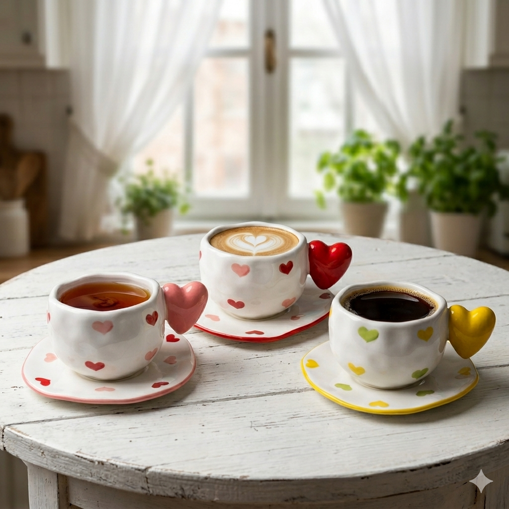 Ceramic mug with heart shaped handle