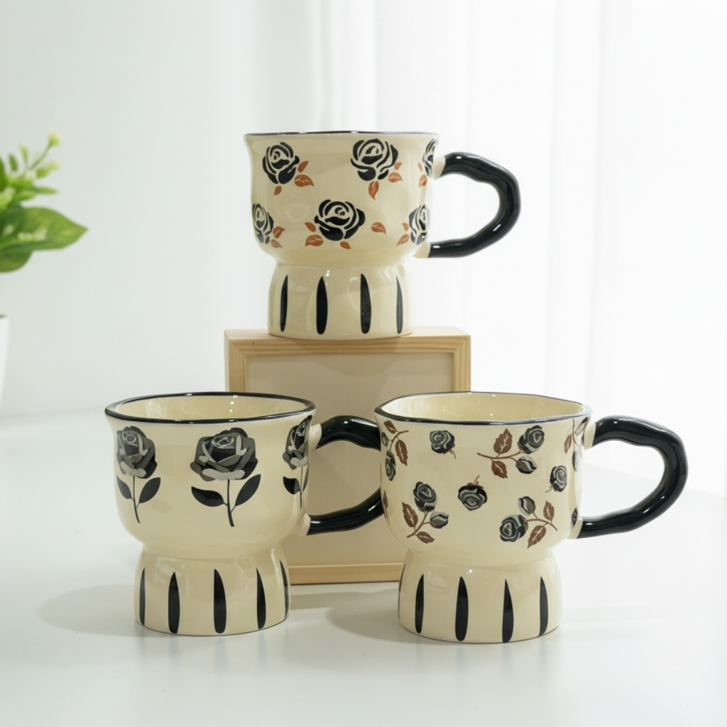 Three ceramic mugs with floral designs on a white surface.