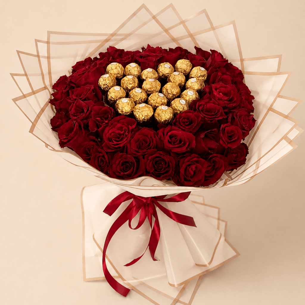 Royal red roses & Ferrero bouquet - Tagerelsa3ada