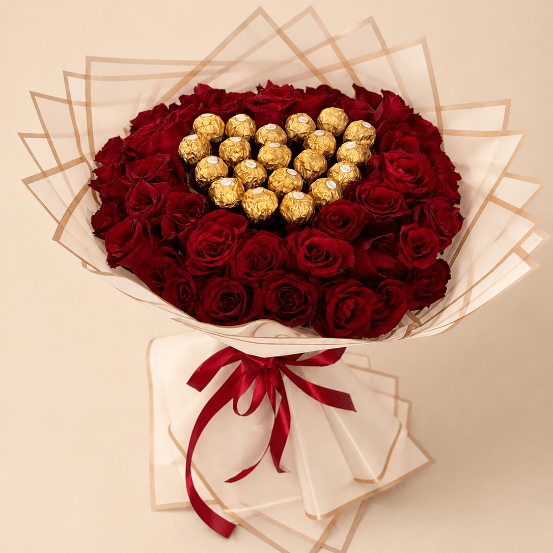 Royal red roses & Ferrero bouquet - Tagerelsa3ada