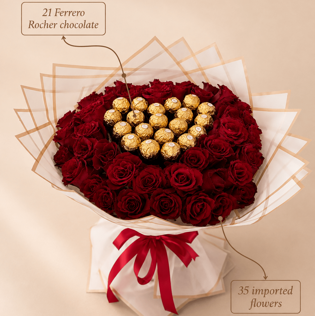 Royal red roses & Ferrero bouquet - Tagerelsa3ada