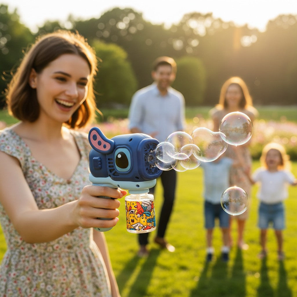 Tagerelsa3ada blue and light blue plastic bubble gun with a cartoon character design and a bottle of bubble solution.