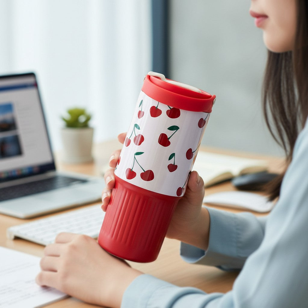 Tagerelsa3ada cherry print reusable travel tumbler with red lid and ribbed base.