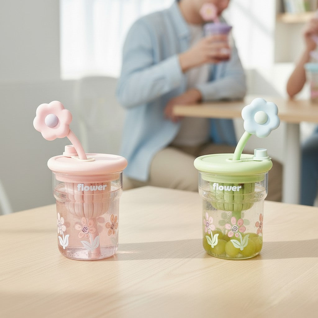 Tagerelsa3ada colourful flower tumbler with straw, available in pink, green, and blue. Perfect for kids.