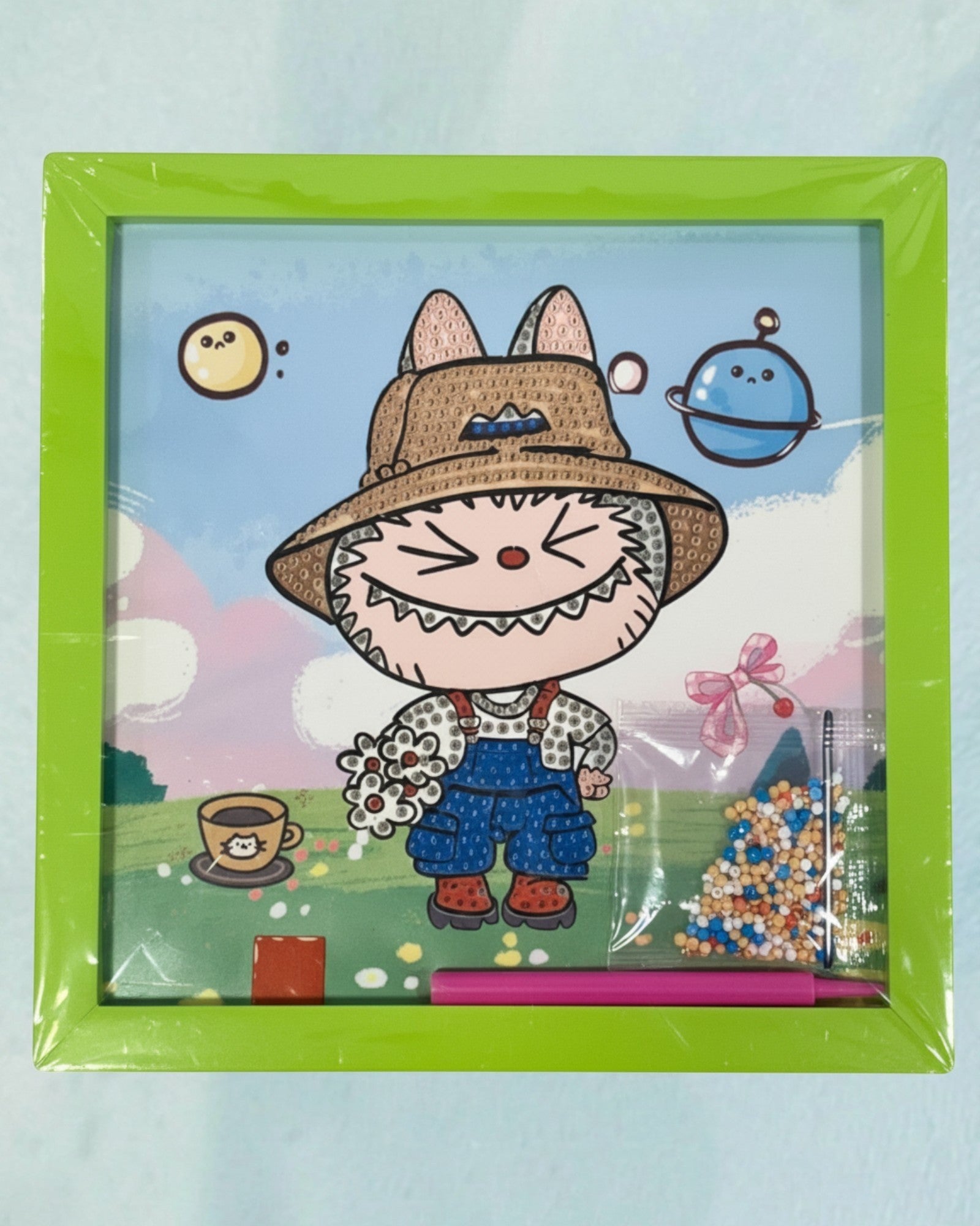 Tagerelsa3ada Diamond Painting Kit with frame featuring a cartoon cat in overalls and a hat, with diamond beads and tools.