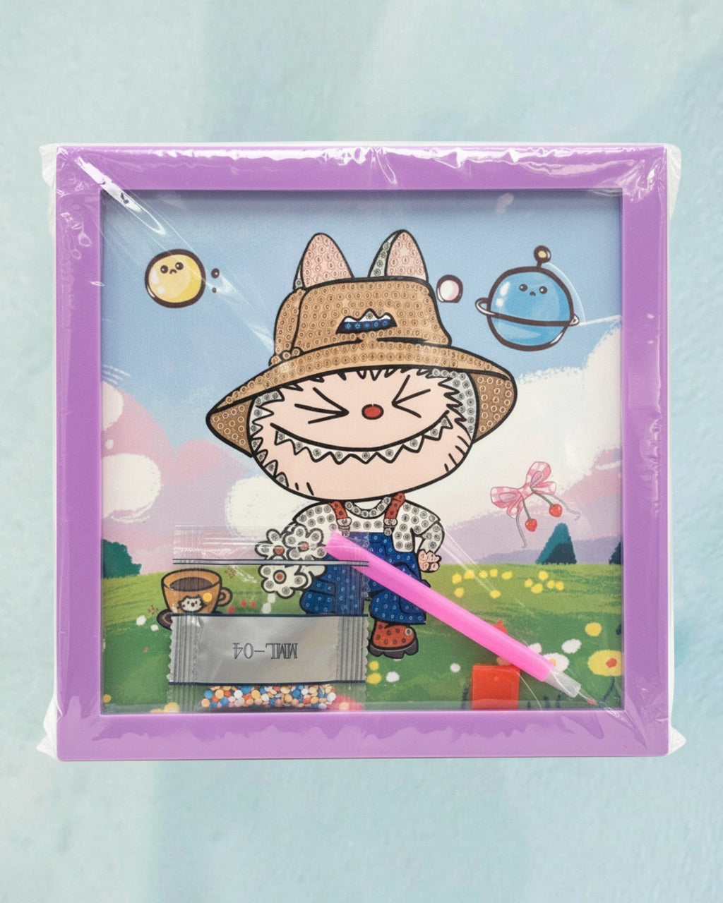 Tagerelsa3ada cartoon cat diamond painting kit with frame, includes tools and colorful diamonds.