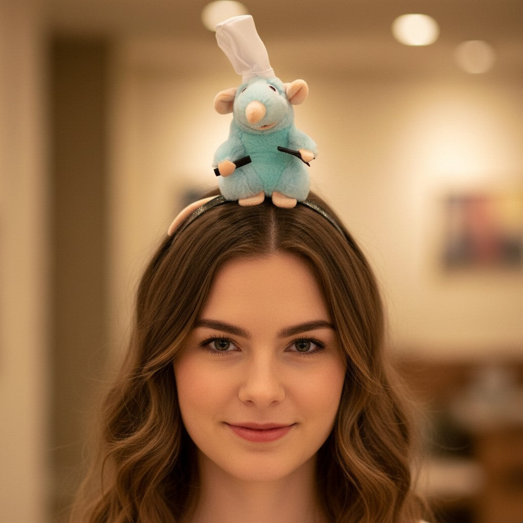 Tagerelsa3ada blue plush rat character headband with chef hat and holding utensils, inspired by Disney's Ratatouille.