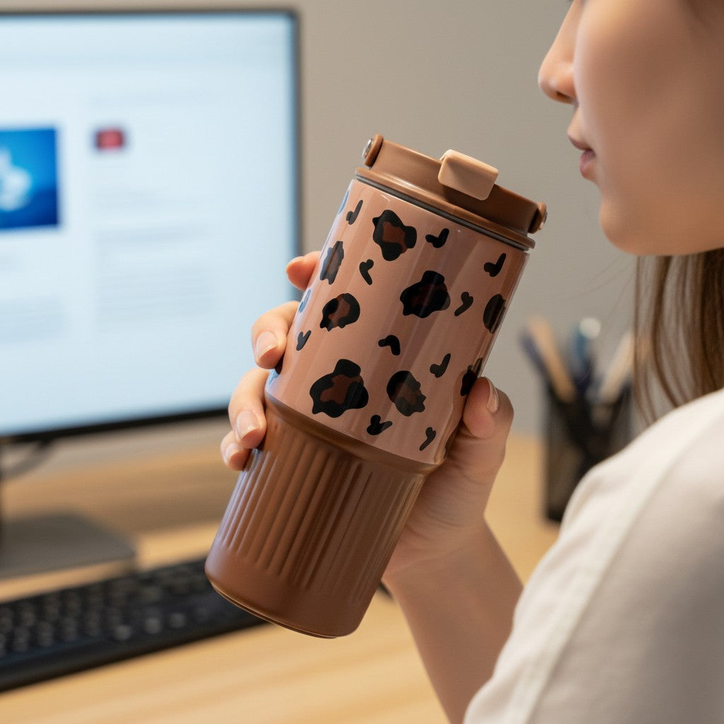 Tagerelsa3ada reusable travel tumbler with lid, featuring a chic leopard print and a ribbed brown base.