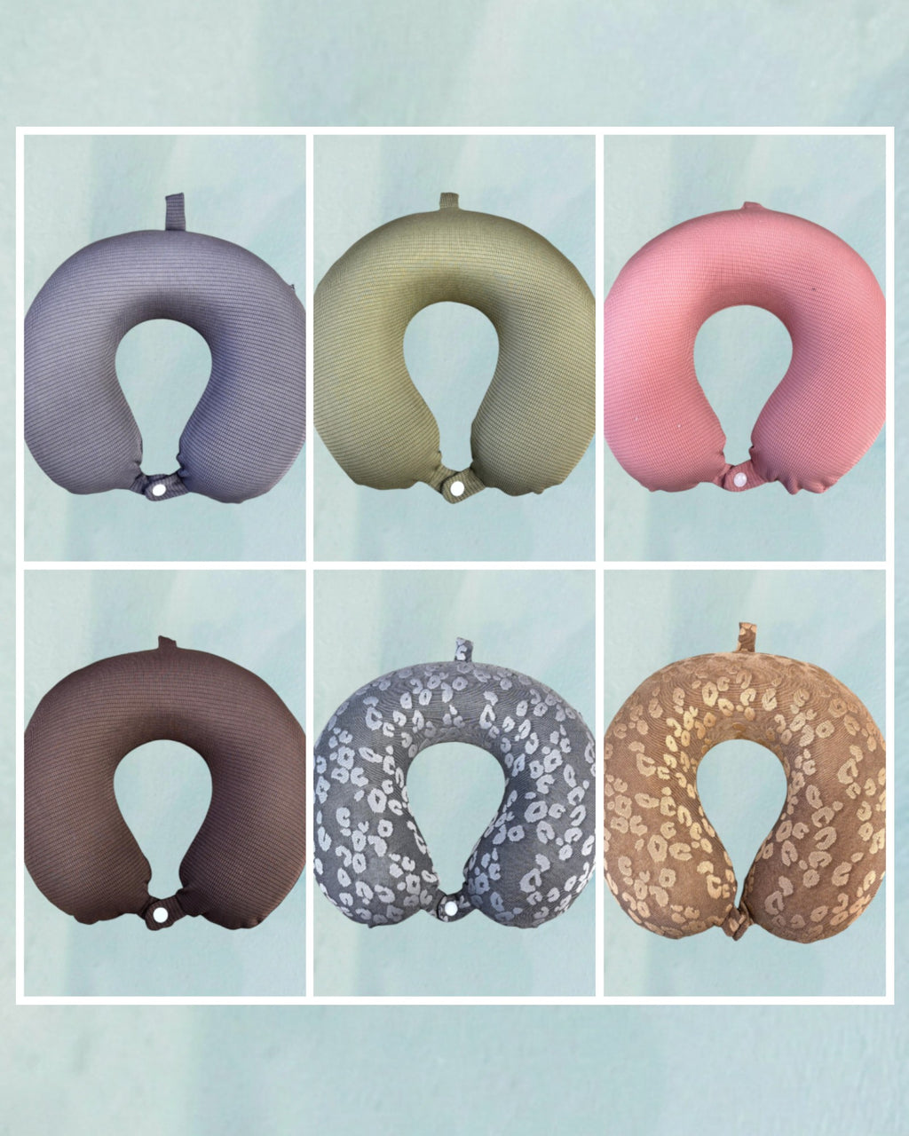 Tagerelsa3ada neck pillow in grey, olive green, pink, brown, grey leopard print, and beige leopard print. Features a soft fabric and snap closure.