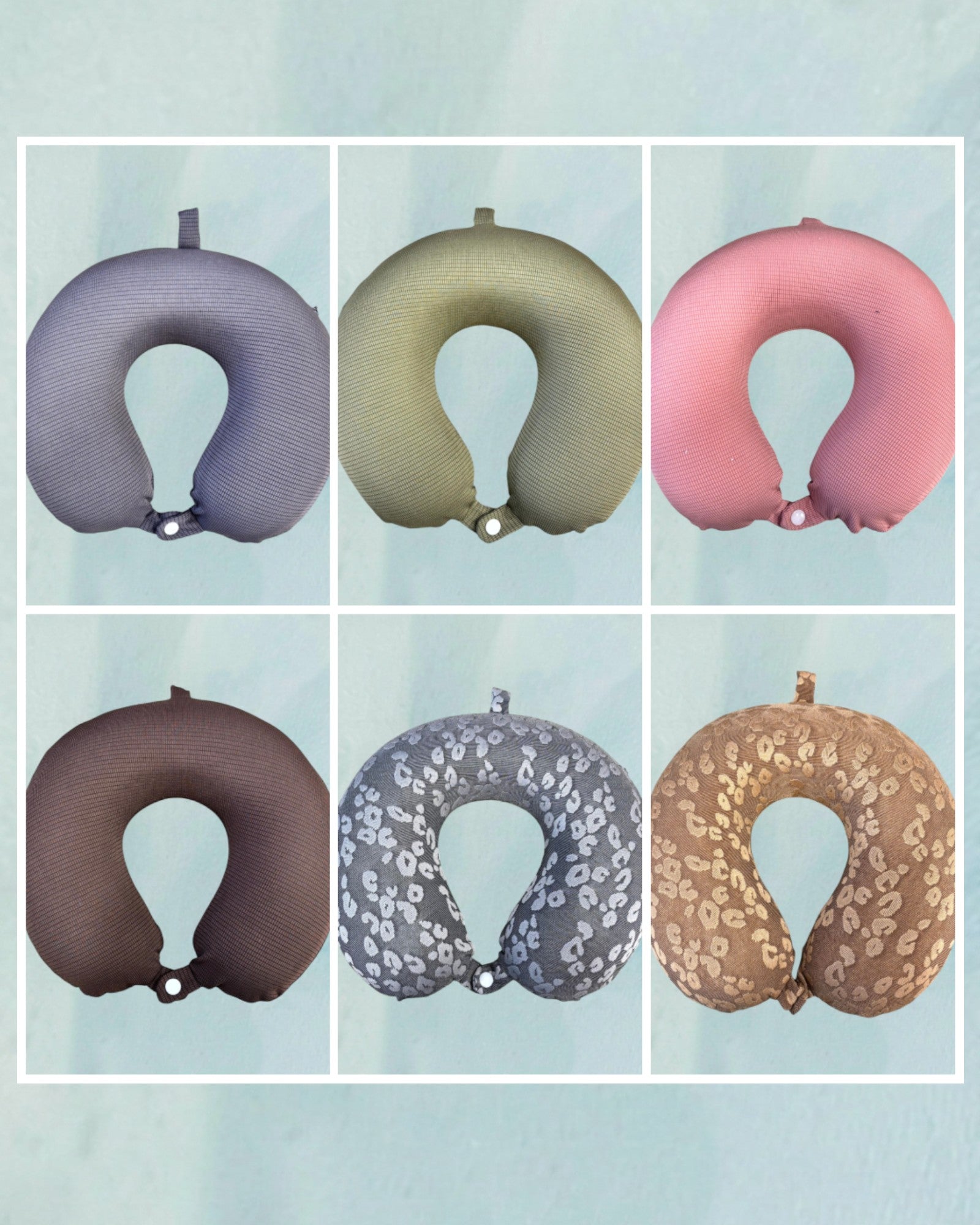 Tagerelsa3ada neck pillow in grey, olive green, pink, brown, grey leopard print, and beige leopard print. Features a soft fabric and snap closure.