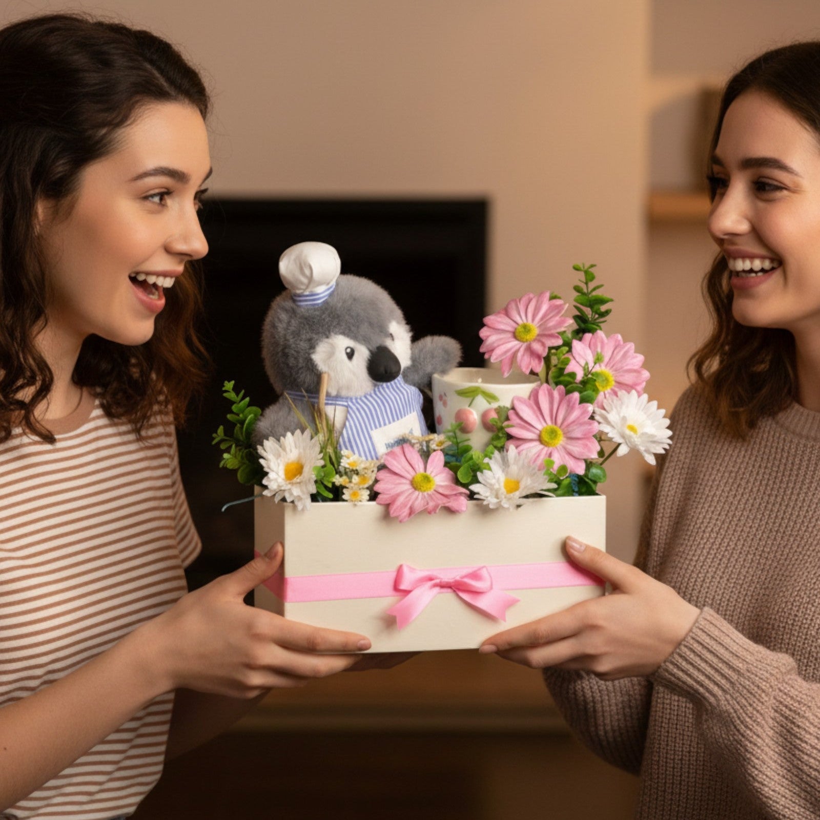 Tagerelsa3ada gift box with a plush penguin wearing a chef hat and apron, ceramic mug with cherries, and artificial pink and white daisies.