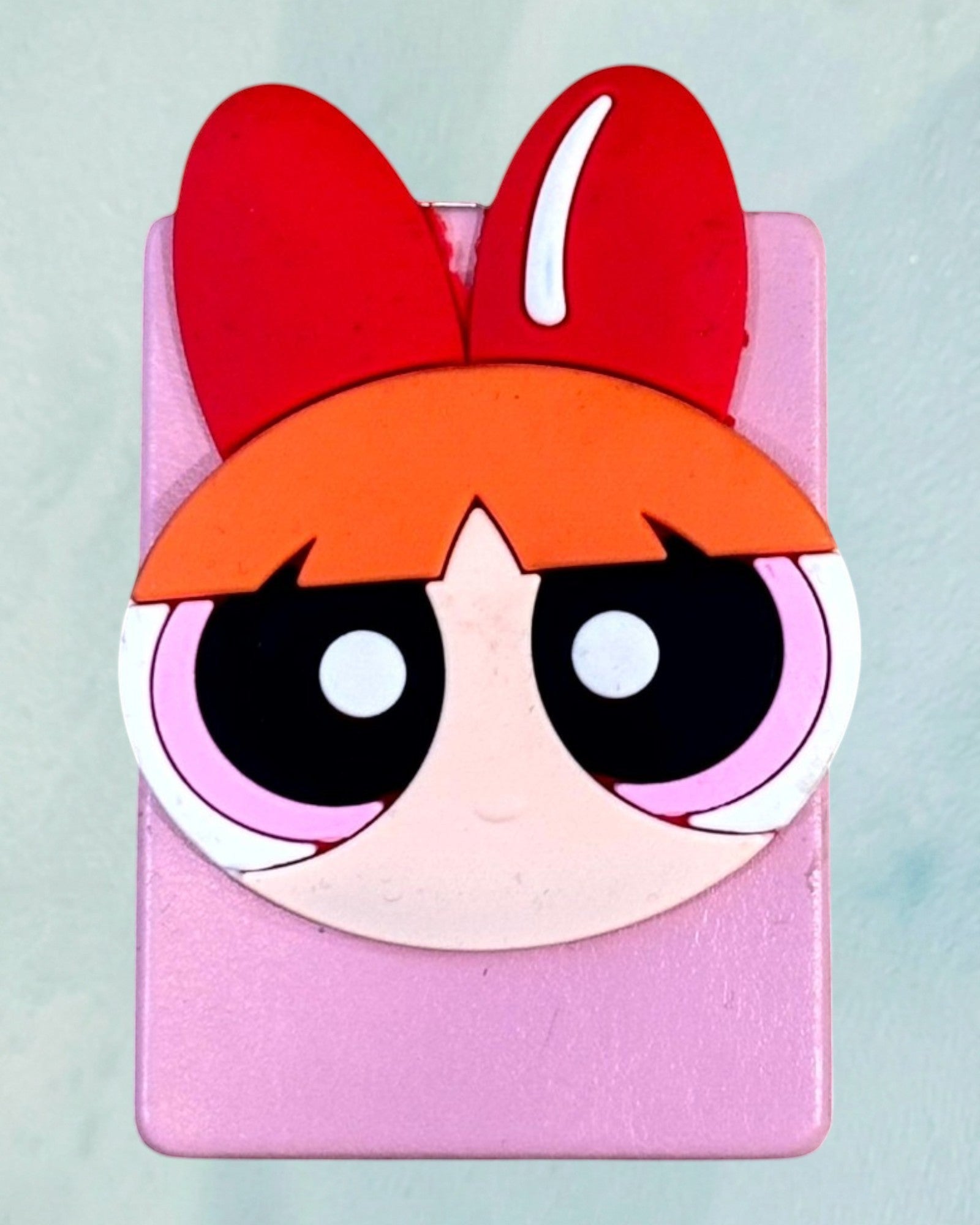 Tagerelsa3ada pink compact mirror with Blossom from Powerpuff Girls design, featuring red bow and orange hair.