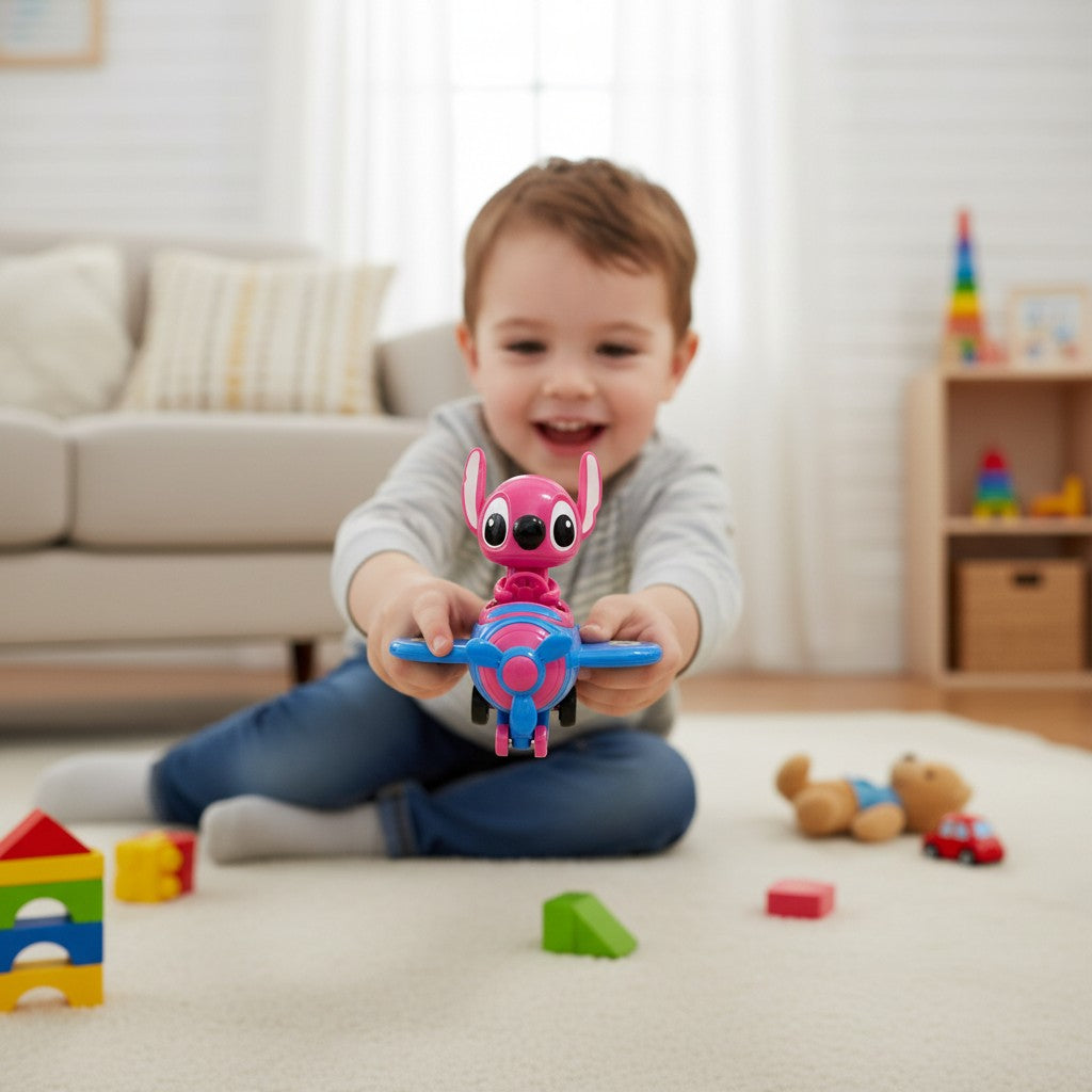 Tagerelsa3ada pink character in blue airplane toy with yellow accents on wings. Plastic construction, ideal for imaginative play.