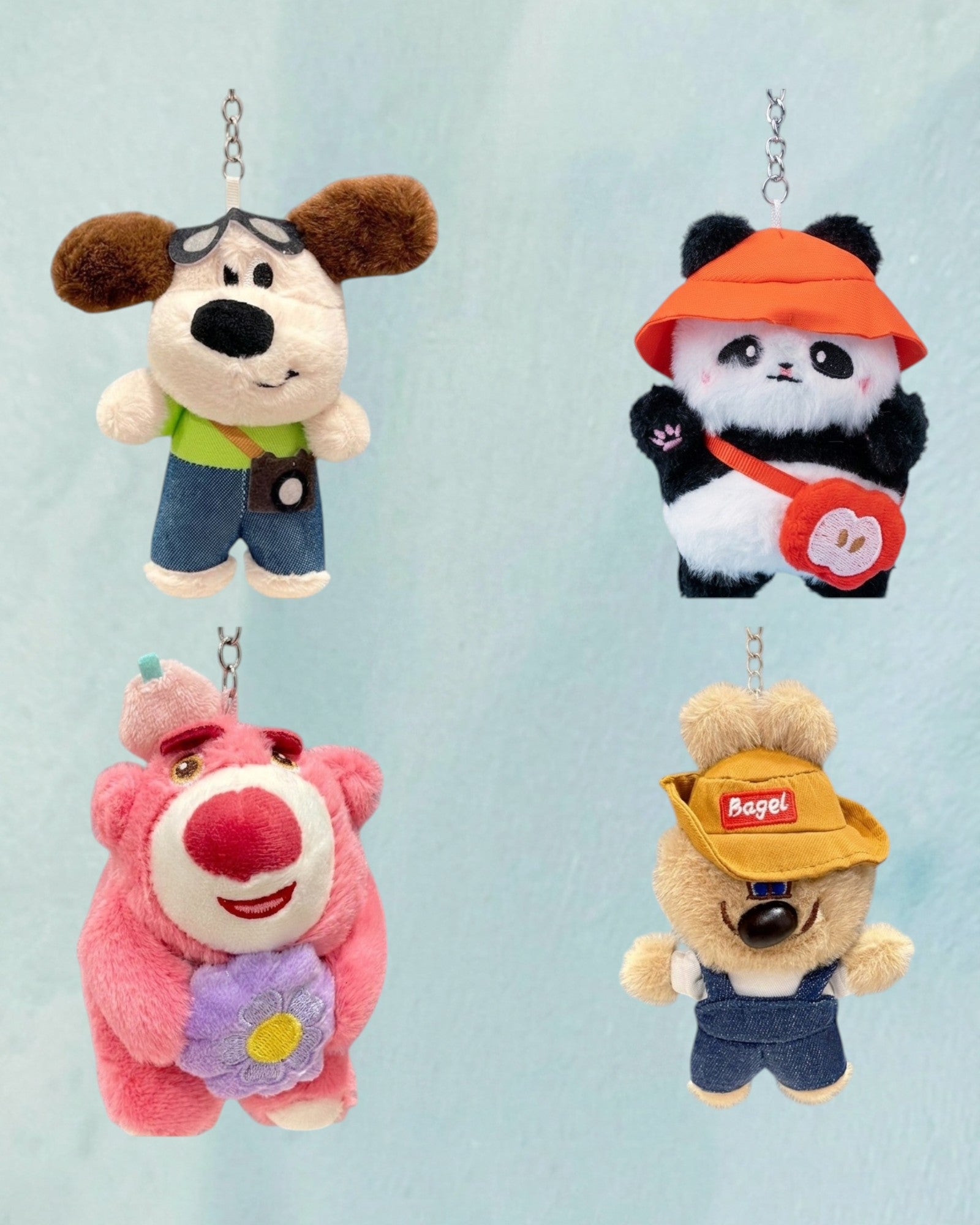 Tagerelsa3ada plush dog keychain with camera, aviator goggles, green shirt, and denim shorts.