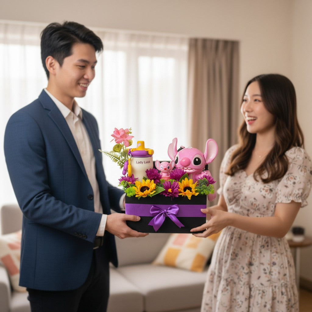 Tagerelsa3ada gift box with pink Stitch figures, a thermal mug, artificial sunflowers, and purple flowers.