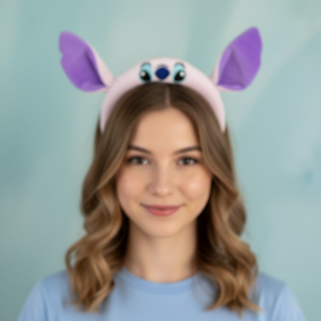 Tagerelsa3ada Disney Stitch plush headband with purple ears and embroidered face details.